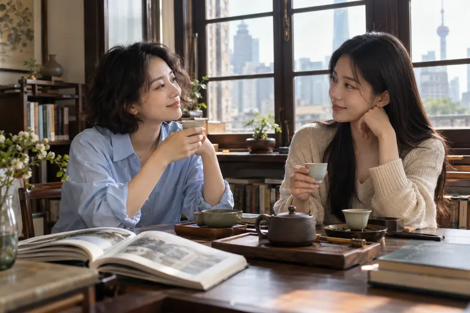 城市茶席旁阅读与品茶的年轻女性
