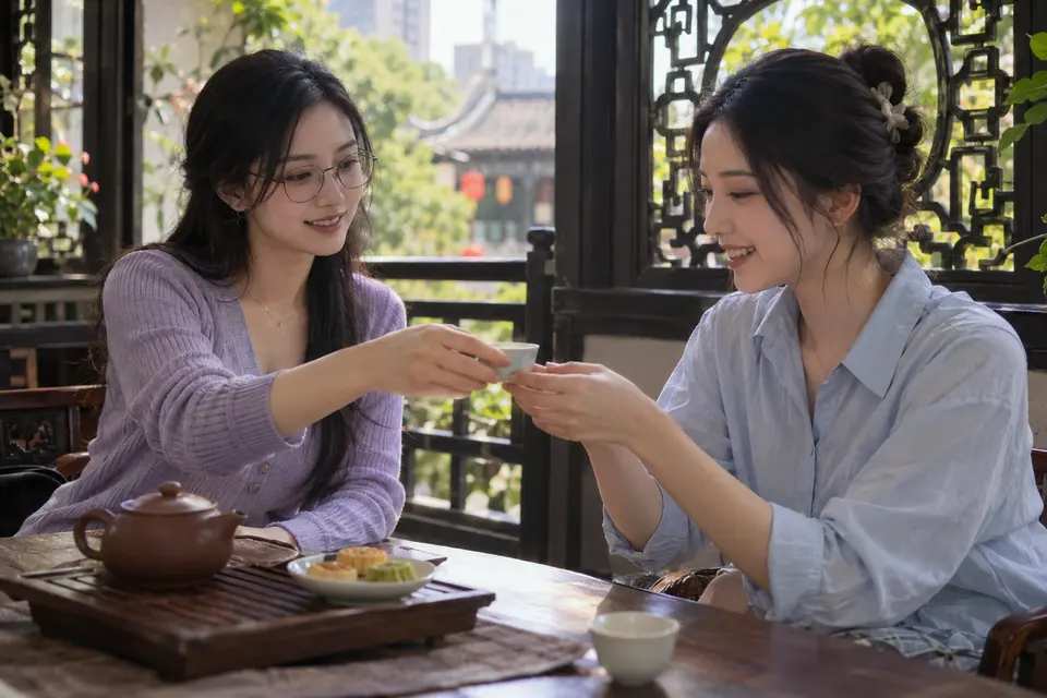 花窗旁茶点与茶杯
