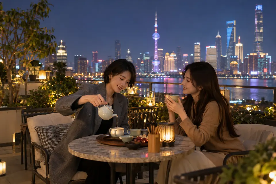 屋顶露台夜茶场景，朋友间倒茶交流