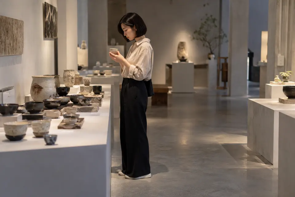 茶器展览中的陶瓷茶具与品饮场景