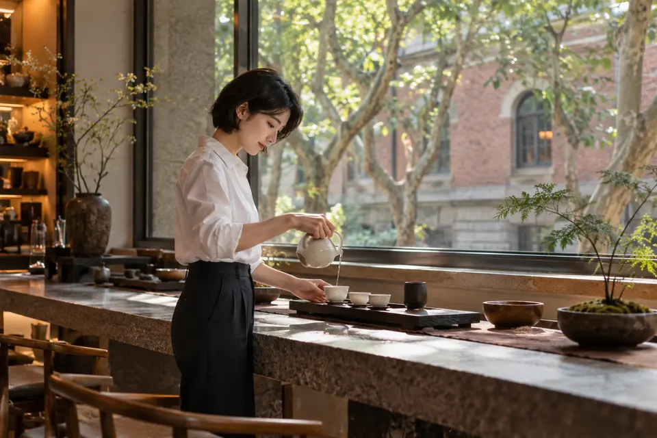梧桐街区茶室内，白瓷茶具与倒茶场景