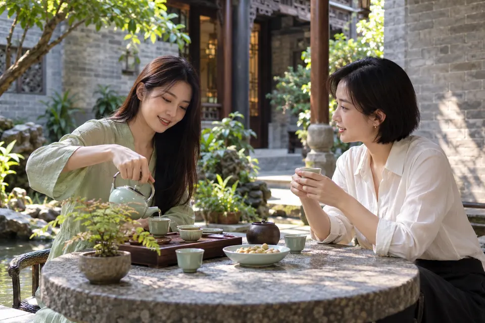 岭南庭院中青瓷茶具与倒茶动作